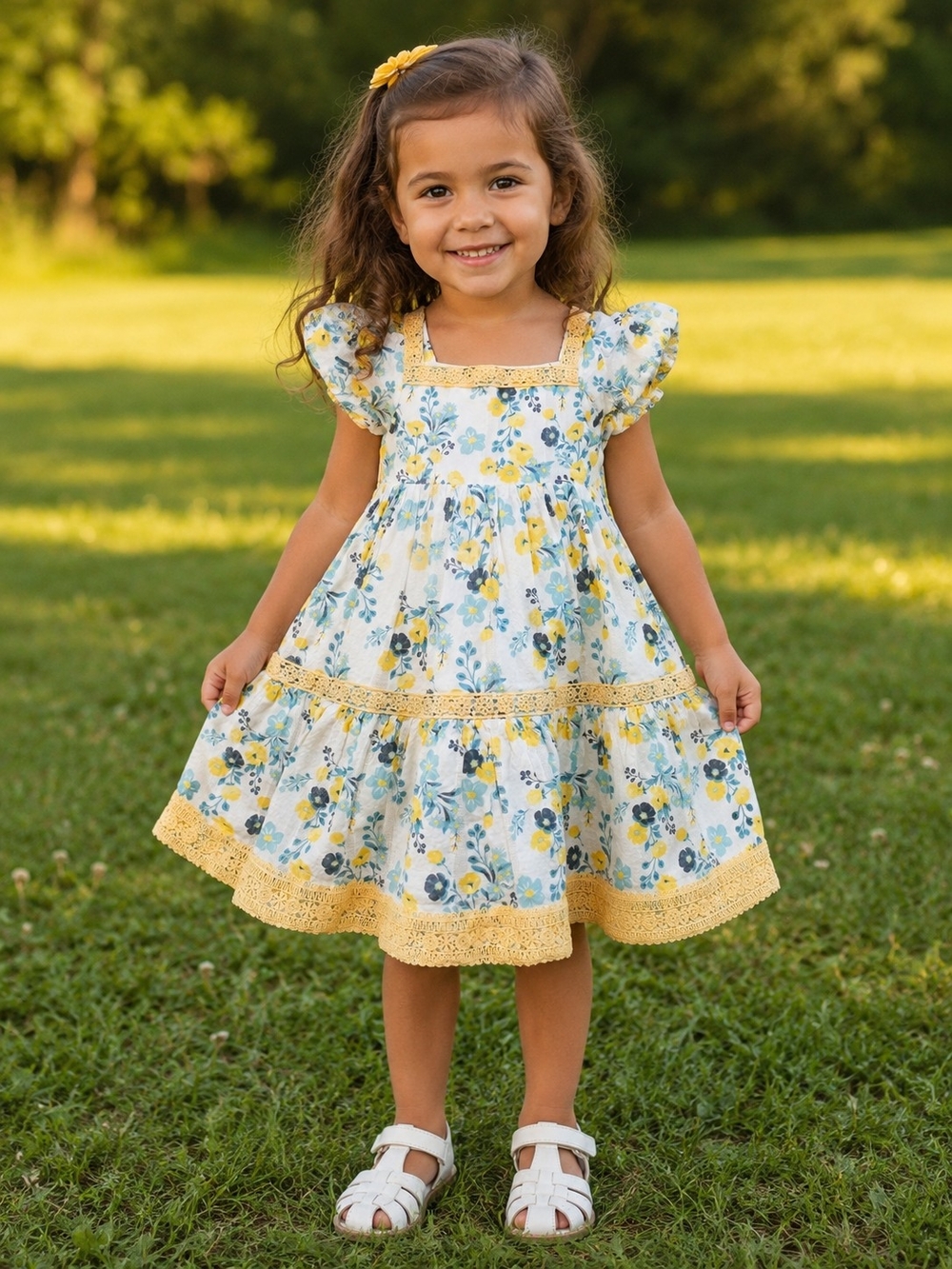 Joie Blue and Yellow Girls Floral Dress with Lace Trim
